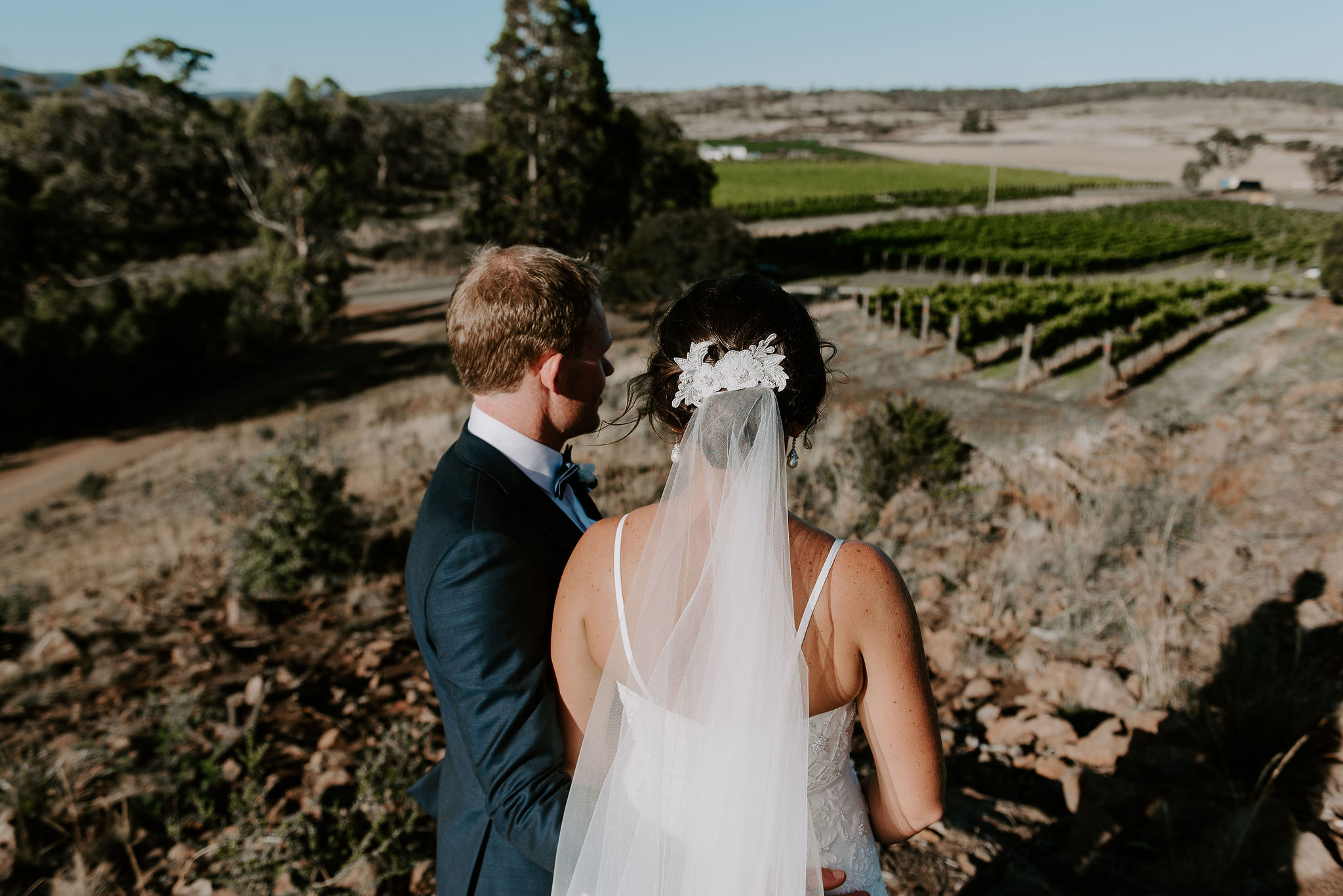 Newly married couple overlooking the vineyard at Craigie Knowe Vineyard